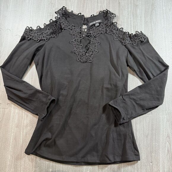 Boston Proper Womens cold Shoulder Keyhole Lace Rhinestones Black Size M - Picture 1 of 9